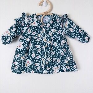 Maison Me Floral Long Sleeve Dress Teal Ruffle Shoulder Maisonette Baby‎ 3-6m